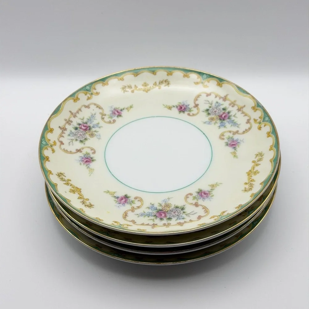 4 Vintage Noritake Bread Plates Set Floral Gold Green Border Japan N238 6.5